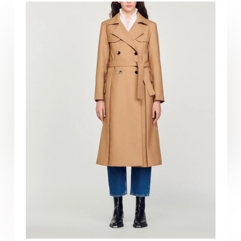 Sandro Long Trench-Style Coat, Camel, Women’s 36